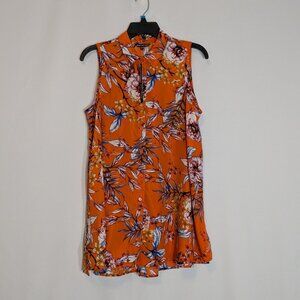 UNIQUE SPECTRUM Orange Tropical Floral Sleeveless Button Top; Size M
